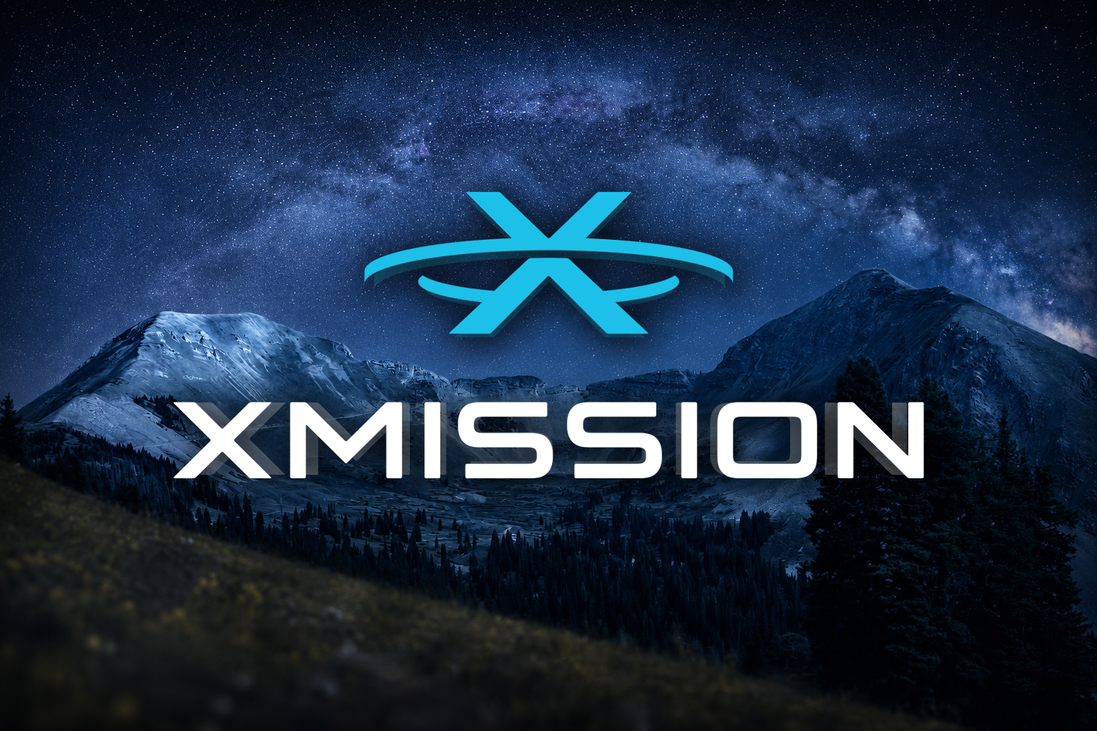XMission brand panel with the XMission mark over the La Plata mountains at night