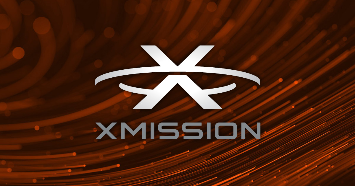 XMission brand panel with the XMission mark over strands of lit fiber